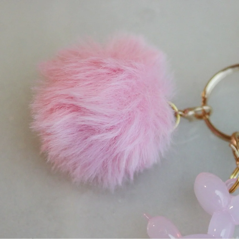 Bag Charm Pom Pom & Balloon Dog Keychain Pink with Gold Hardware